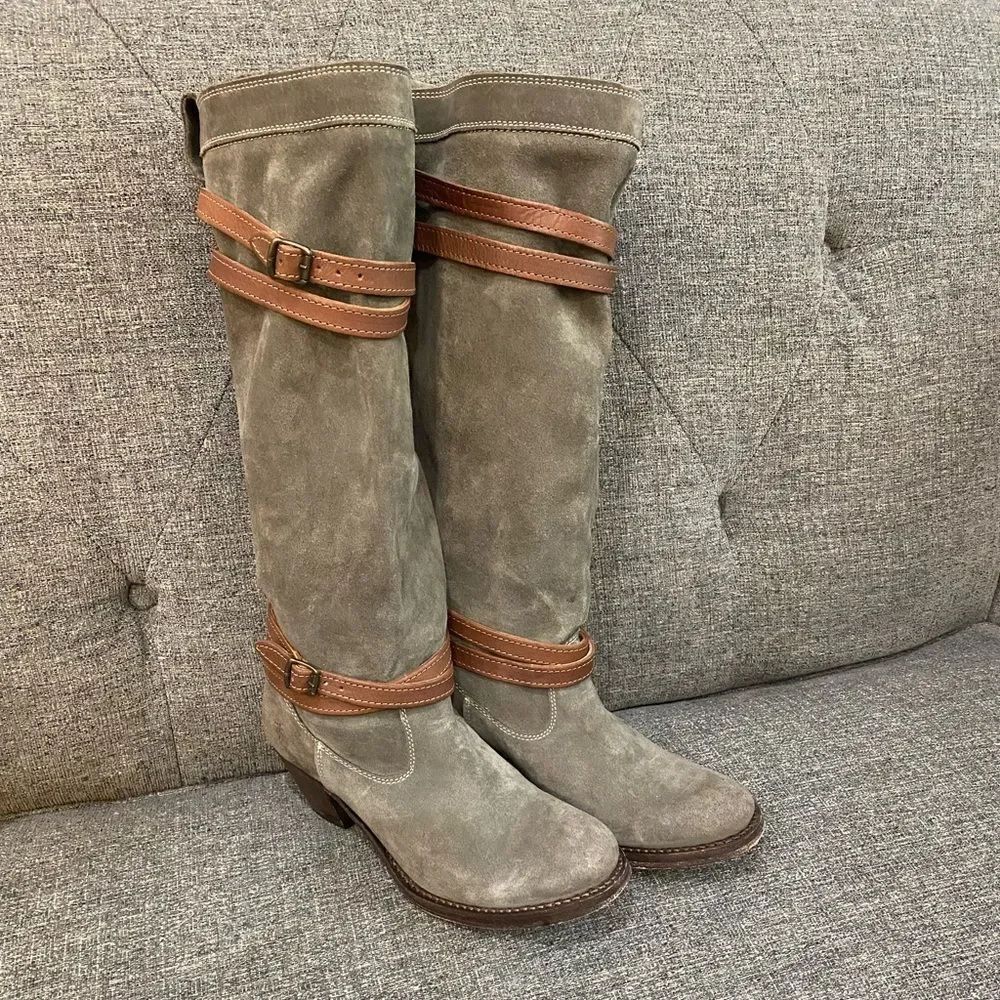 Frye Jane Strappy Fatigue Leather Olive and Brown Boots Women Size 6.5